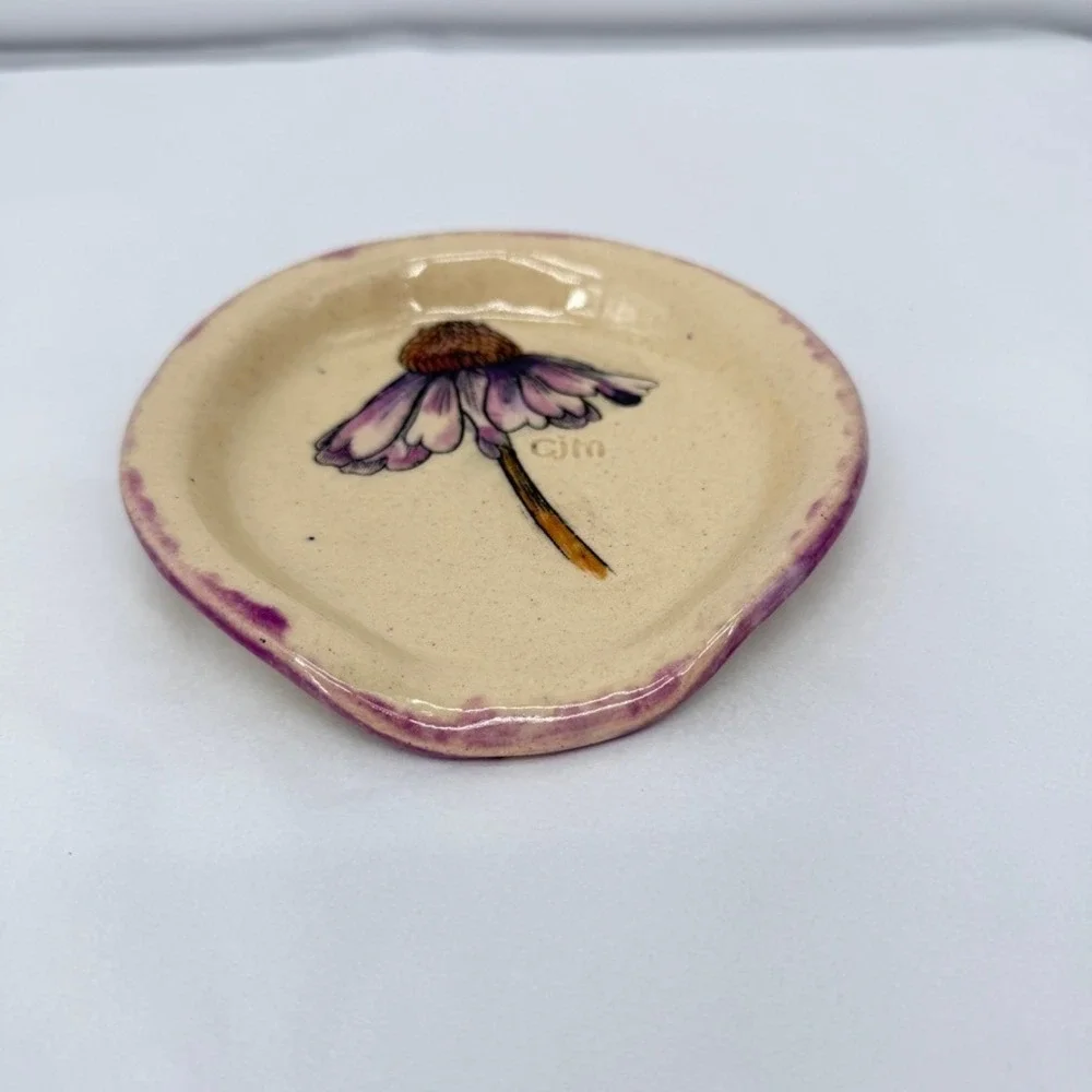 CJM Pottery Spoon Rest Dish Echinacea Floral Handmade Ceramic Kitchen Decor